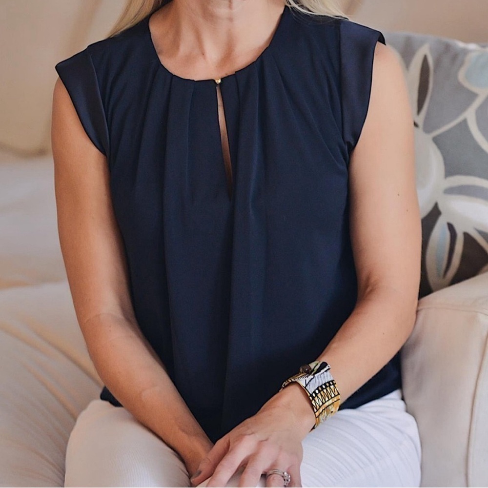 ROBERTO RODRIGUEZ Navy blue Sleeveless Chiffon Sheer Billowy Top 310
